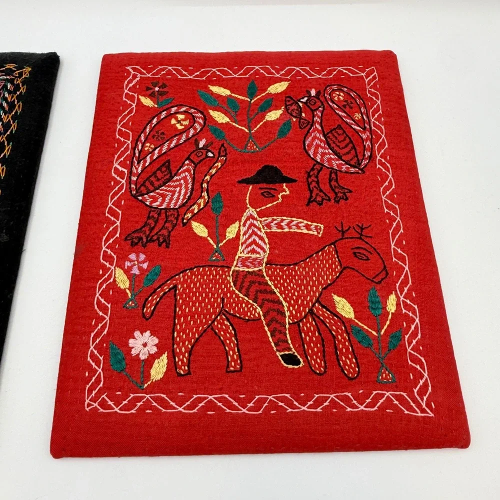 Vintage Hand Embroidered Folk Art Textile Wall Hanging Set of 2 Black Red Boat